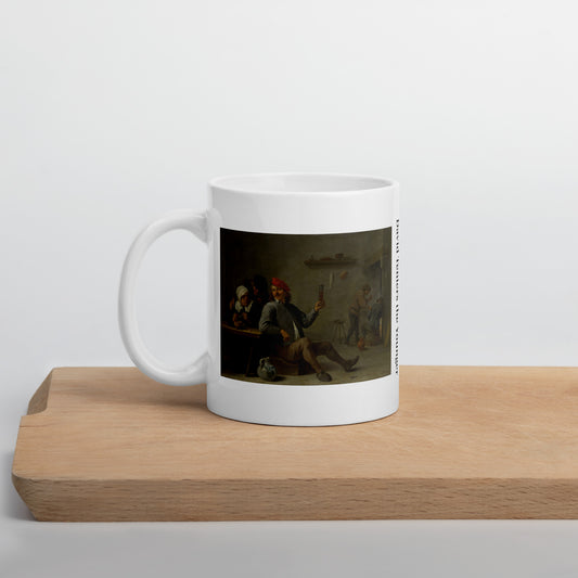 Fine Art Coffee Mug – Famous Painting on White Ceramic Cup - A Man holding a Glass and an Old Woman Lighting a Pipe