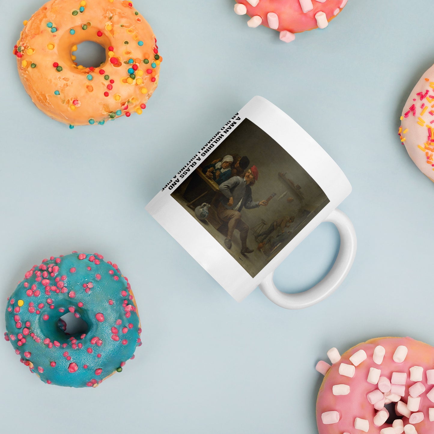 Fine Art Coffee Mug – Famous Painting on White Ceramic Cup - A Man holding a Glass and an Old Woman Lighting a Pipe