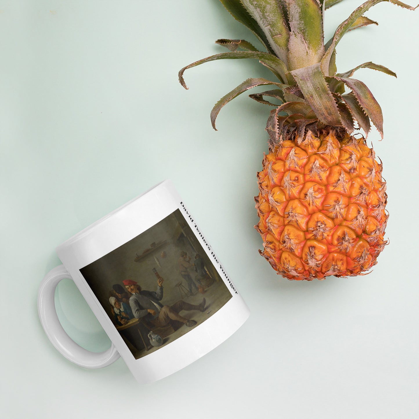Fine Art Coffee Mug – Famous Painting on White Ceramic Cup - A Man holding a Glass and an Old Woman Lighting a Pipe