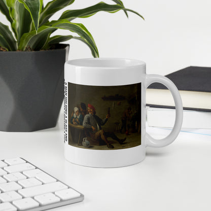Fine Art Coffee Mug – Famous Painting on White Ceramic Cup - A Man holding a Glass and an Old Woman Lighting a Pipe