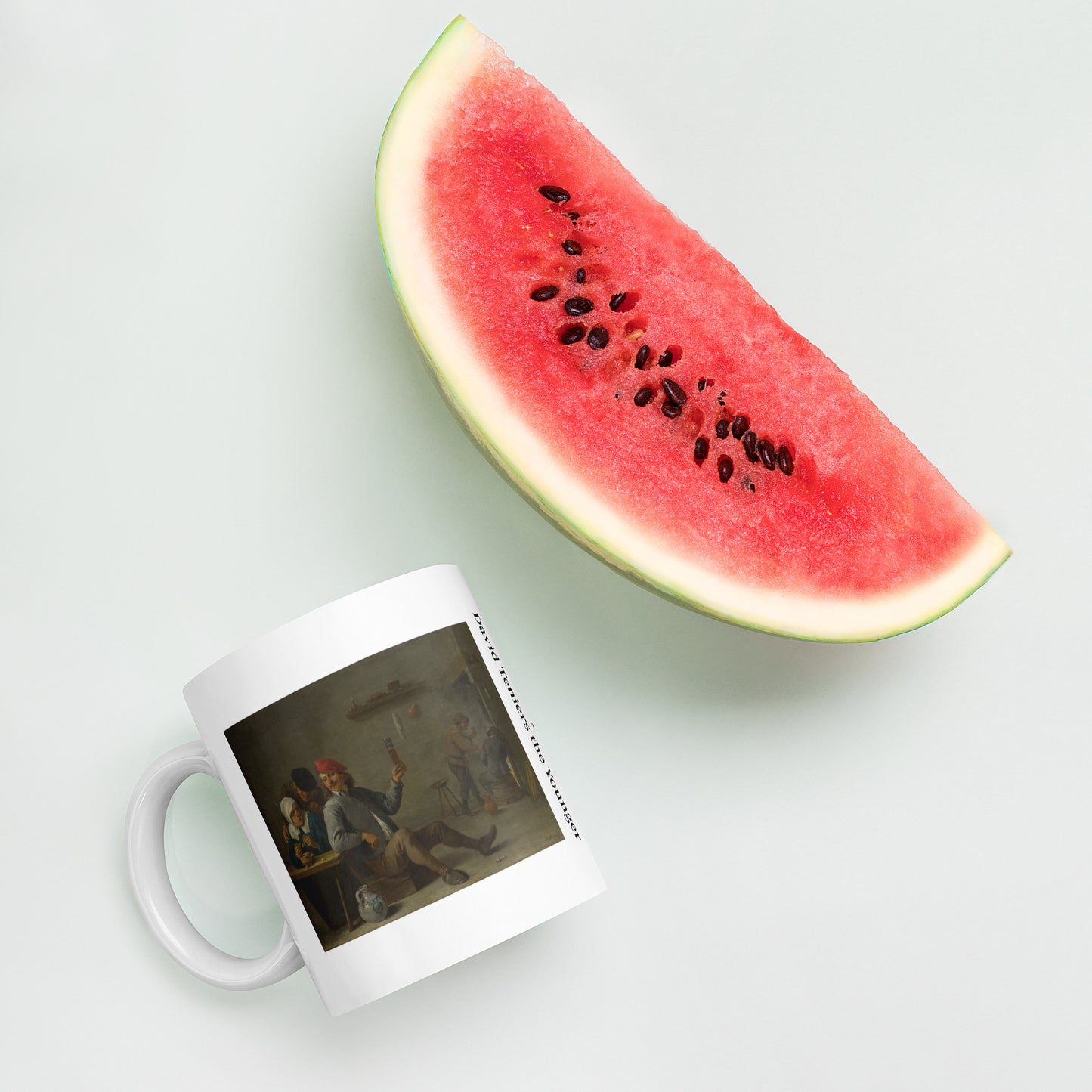 Fine Art Coffee Mug – Famous Painting on White Ceramic Cup - A Man holding a Glass and an Old Woman Lighting a Pipe